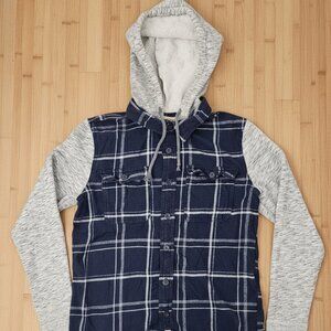 Hollister Men's Navy Blue Plaid Hooded Flannel Shirt - Size M - Stretch